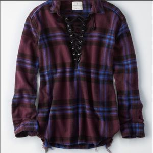 American Eagle Lace Up Plaid Flannel